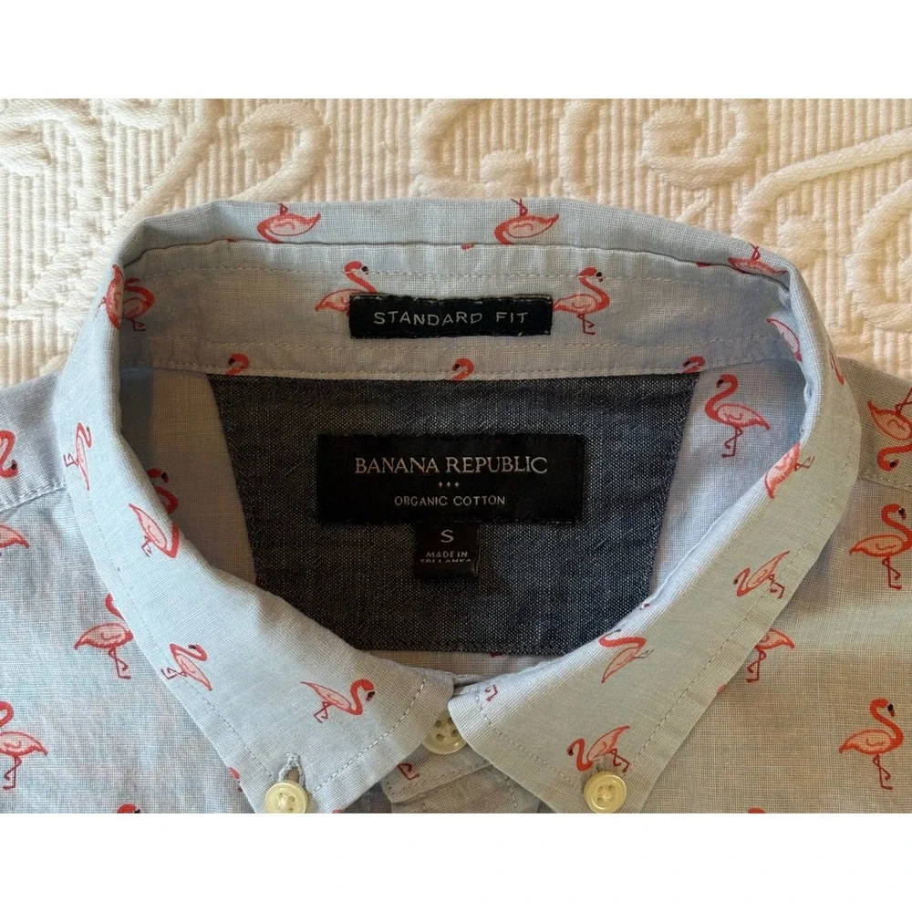 Banana Republic Flamingo Print Standard Fit Cotton Short Sleeve Shirt Men Small
